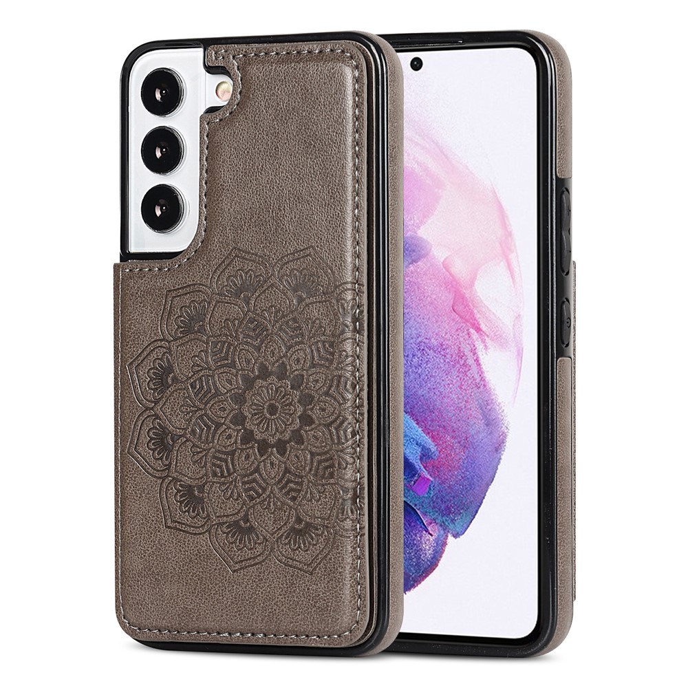 PU Leather and TPU Cellphone Case Magnetic Imprinted Mandala Flower Kickstand Card Holder Phone Cover for Samsung Galaxy S22+ 5G - Grey-1