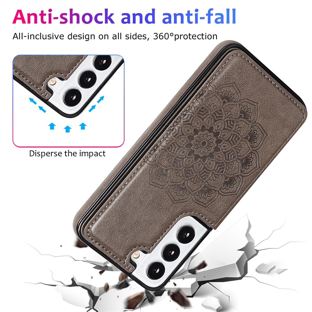PU Leather and TPU Cellphone Case Magnetic Imprinted Mandala Flower Kickstand Card Holder Phone Cover for Samsung Galaxy S22+ 5G - Grey-9