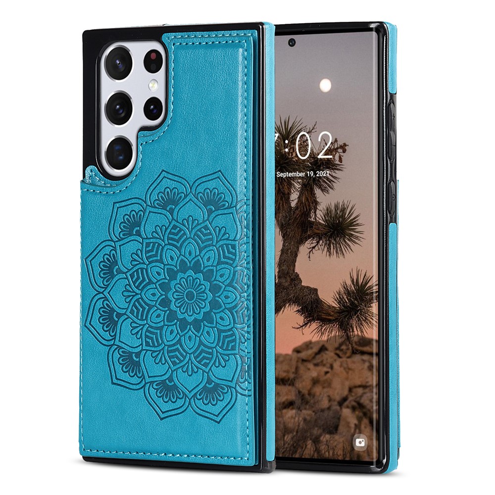 Durable PU Leather Coated TPU Phone Case Double Magnetic Imprinted Mandala Flower Kickstand Card Holder Scratch-resistant Phone Cover for Samsung Galaxy S22 Ultra 5G - Blue-1