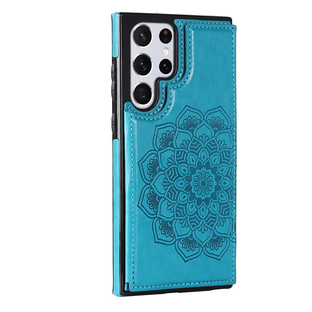 Durable PU Leather Coated TPU Phone Case Double Magnetic Imprinted Mandala Flower Kickstand Card Holder Scratch-resistant Phone Cover for Samsung Galaxy S22 Ultra 5G - Blue-4
