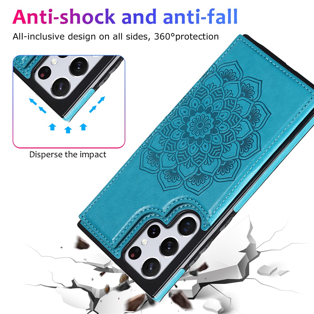 Durable PU Leather Coated TPU Phone Case Double Magnetic Imprinted Mandala Flower Kickstand Card Holder Scratch-resistant Phone Cover for Samsung Galaxy S22 Ultra 5G - Blue-9