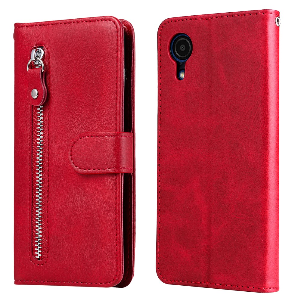 PU Leather Zippered Pocket Phone Case Coin Holder Wallet Stand Folding Case for Samsung Galaxy A03 Core - Red-1