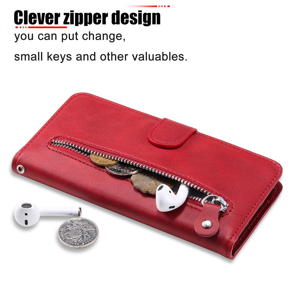 PU Leather Zippered Pocket Phone Case Coin Holder Wallet Stand Folding Case for Samsung Galaxy A03 Core - Red-3
