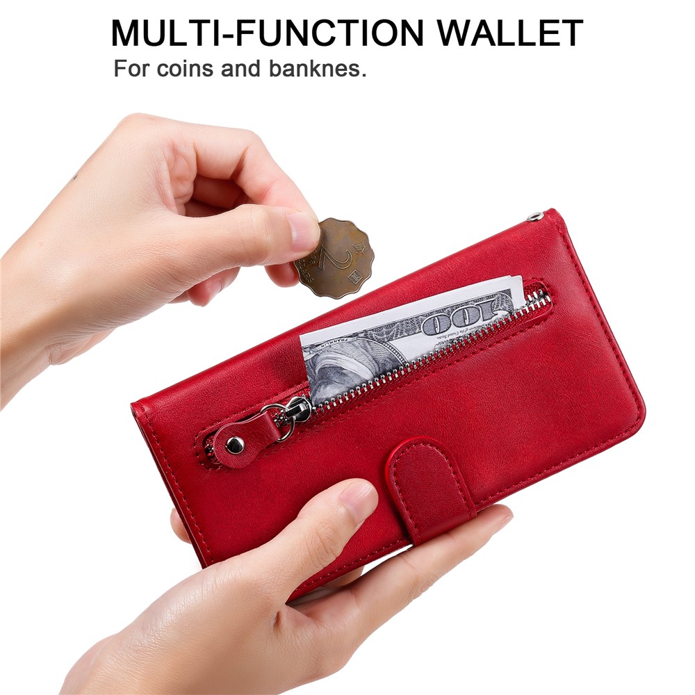 PU Leather Zippered Pocket Phone Case Coin Holder Wallet Stand Folding Case for Samsung Galaxy A03 Core - Red-9