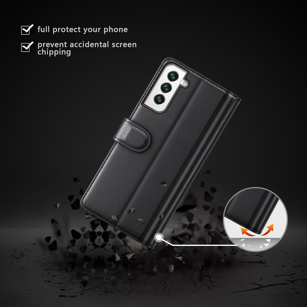 Magnetischer Verschluss Echter Split Leder Handy Case Stand TPU Wallet Flip Cover Für Samsung Galaxy S22 5G - Schwarz