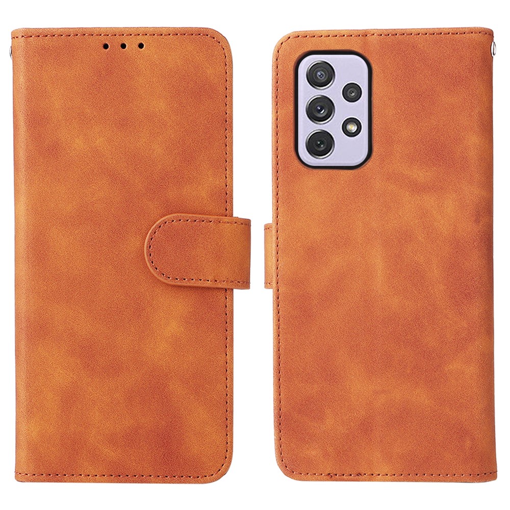Skin-touch Feeling PU Leather + TPU Phone Cover Stand Wallet Shell Mobile Phone Case for Samsung Galaxy A73 5G - Brown-1