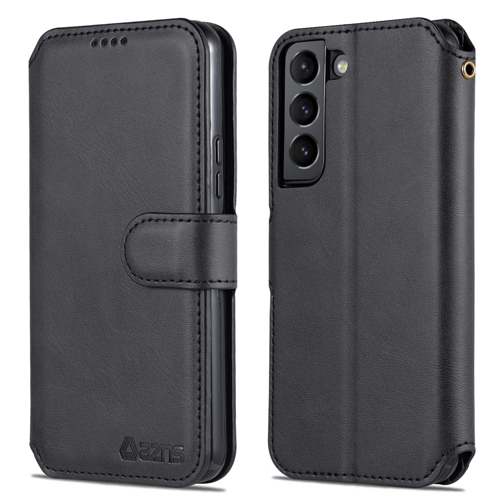 AZNS PU Leather Case Magnetic Clasp Wallet Phone Cover with Foldable Stand for Samsung Galaxy S22 5G - Black-1