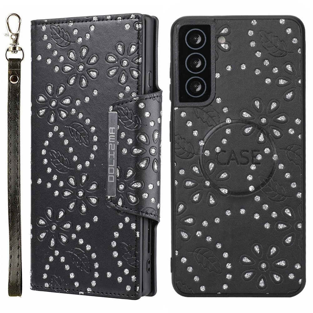 Leaf Imprint Glitter Flower Pattern Detachable Leather Case Magnetic Closure Wallet Phone Cover Shell for Samsung Galaxy S22+ 5G - Black-1