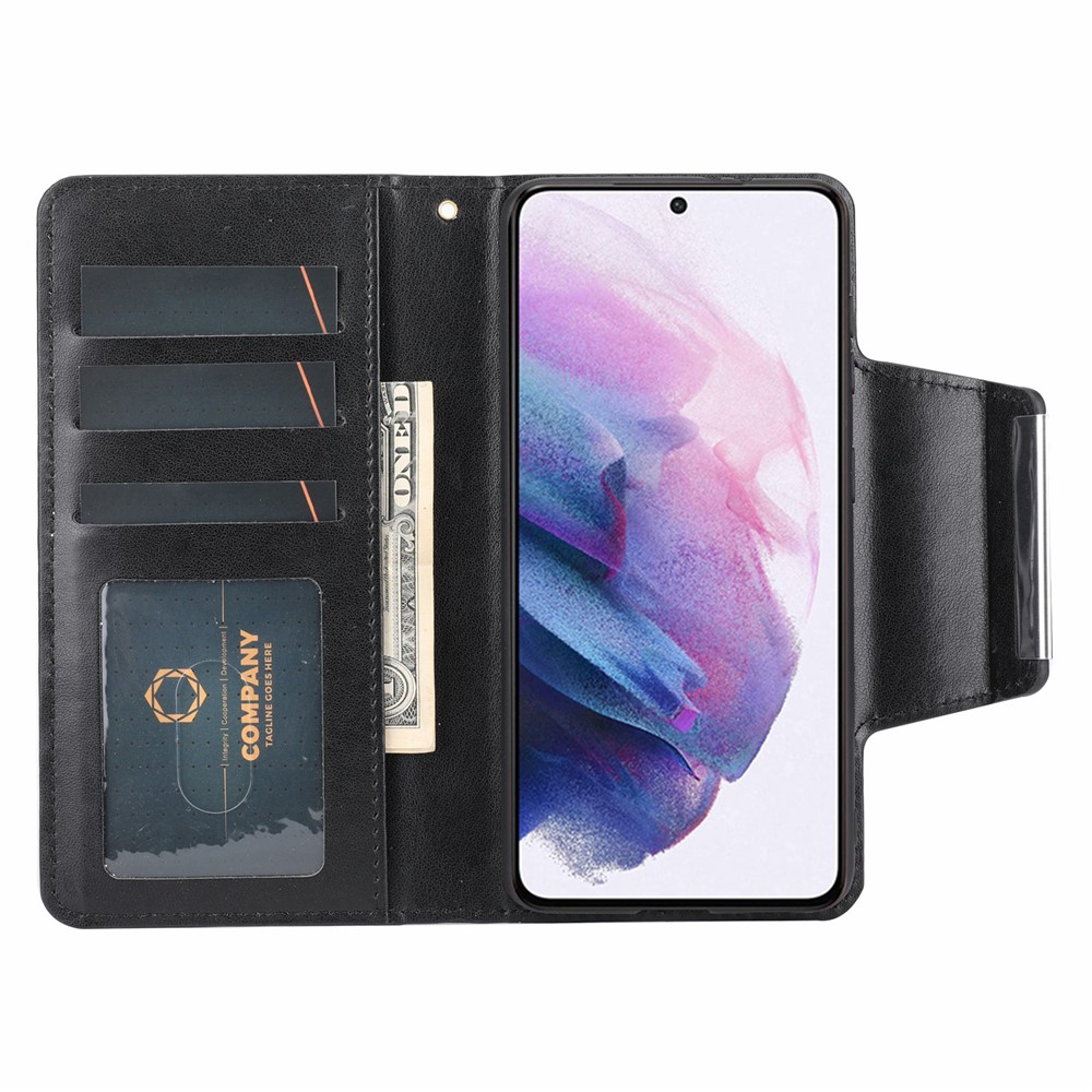 Leaf Imprint Glitter Flower Pattern Detachable Leather Case Magnetic Closure Wallet Phone Cover Shell for Samsung Galaxy S22+ 5G - Black-3