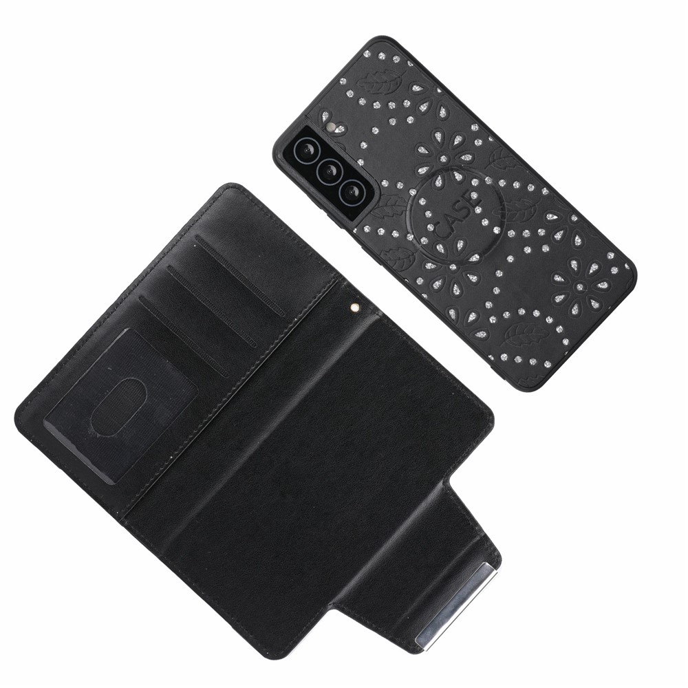 Leaf Imprint Glitter Flower Pattern Detachable Leather Case Magnetic Closure Wallet Phone Cover Shell for Samsung Galaxy S22+ 5G - Black-4