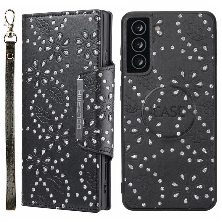 Leaf Imprint Glitter Flower Pattern Detachable Leather Wallet Case Phone Protective Cover for Samsung Galaxy S22 5G - Black-1