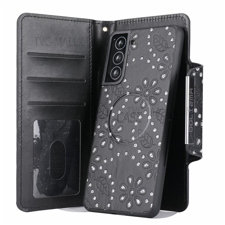 Leaf Imprint Glitter Flower Pattern Detachable Leather Wallet Case Phone Protective Cover for Samsung Galaxy S22 5G - Black-2