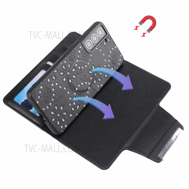 Leaf Imprint Glitter Flower Pattern Detachable Leather Wallet Case Phone Protective Cover for Samsung Galaxy S22 5G - Black-5