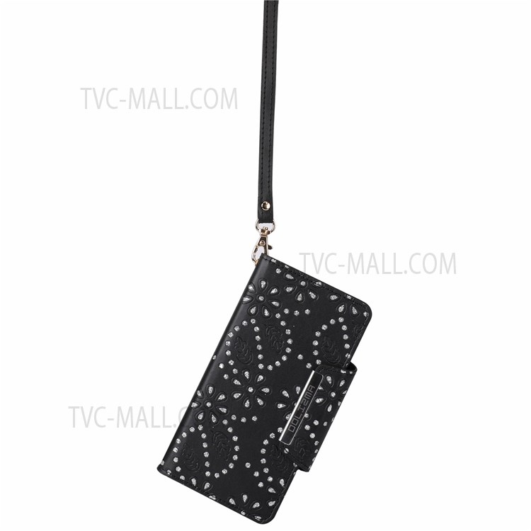 Leaf Imprint Glitter Flower Pattern Detachable Leather Wallet Case Phone Protective Cover for Samsung Galaxy S22 5G - Black-6