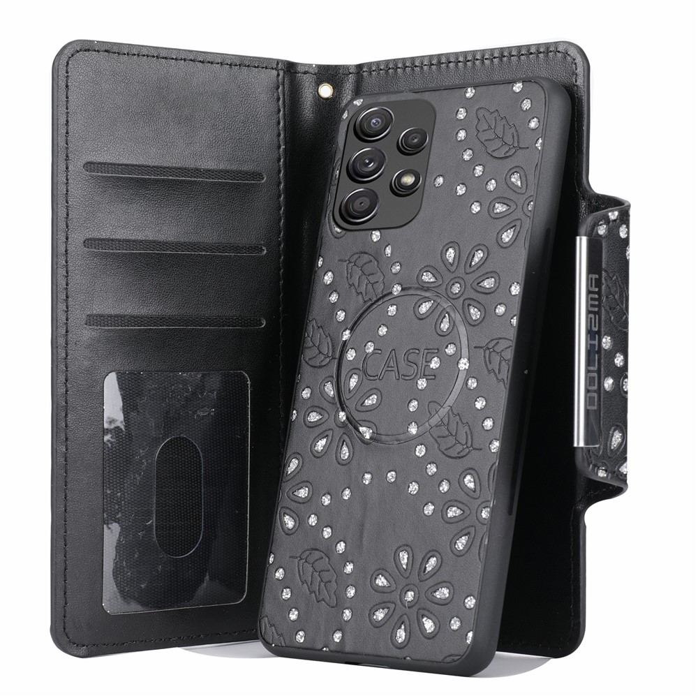 Ultra-thin PU Leather Phone Protective Cover Detachable Leaf Imprint Glitter Flower Design Case Shell with Wallet for Samsung Galaxy A73 5G - Black-2