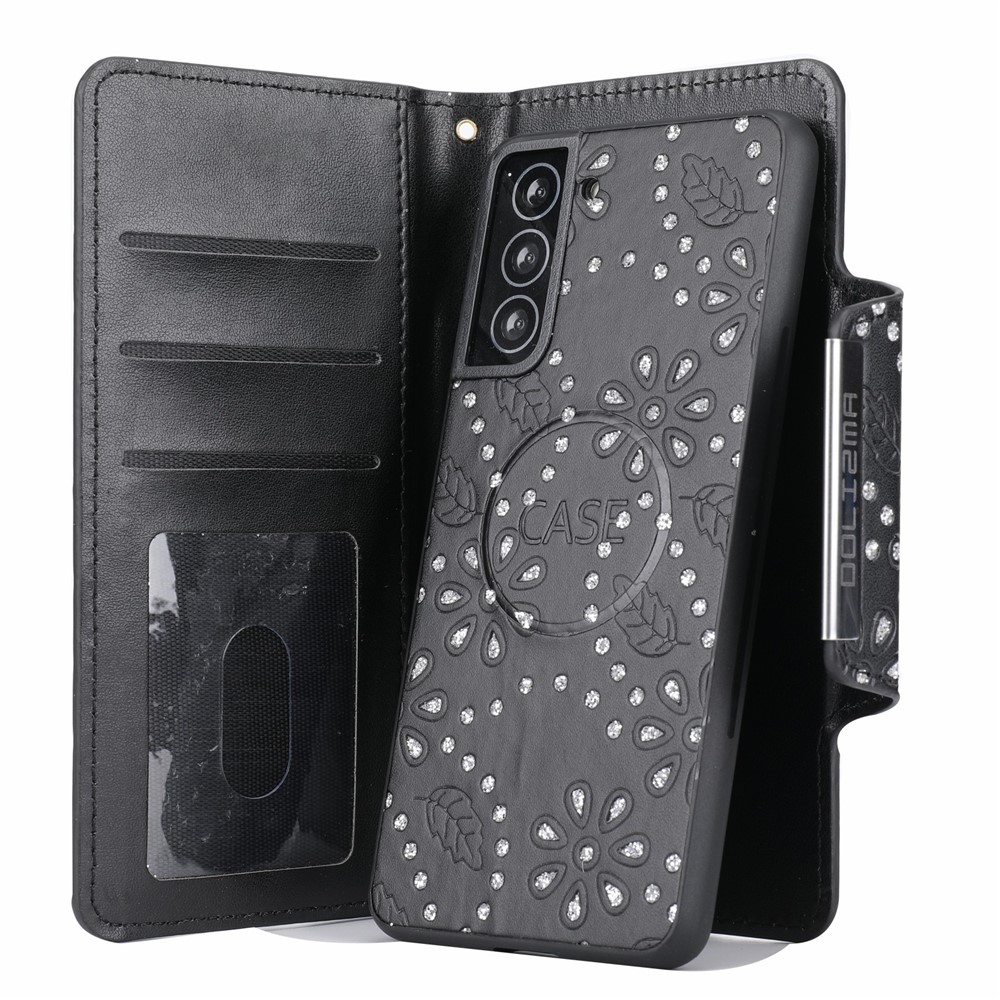 Fashion Leaf Imprint Glitter Flower Design Detachable Leather Wallet Case Anti-drop Cell Phone Cover for Samsung Galaxy S21 FE 5G - Black-2