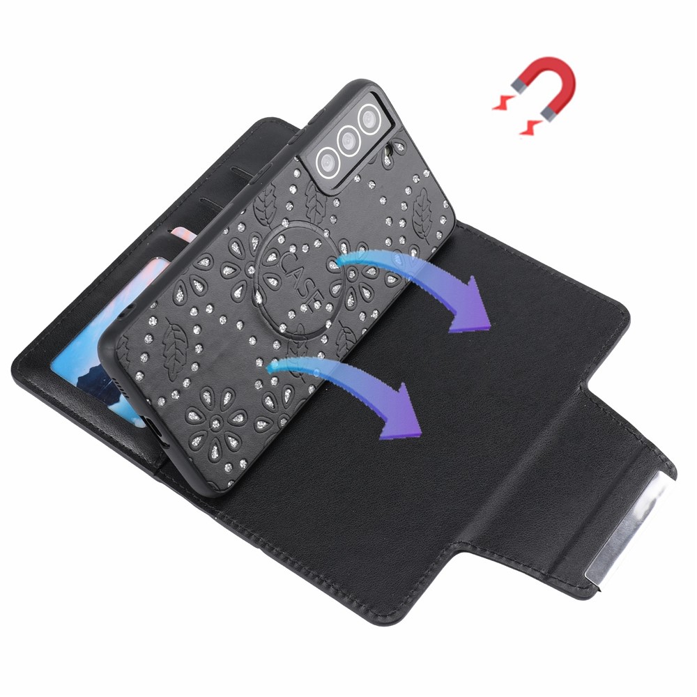 Fashion Leaf Imprint Glitter Flower Design Detachable Leather Wallet Case Anti-drop Cell Phone Cover for Samsung Galaxy S21 FE 5G - Black-5