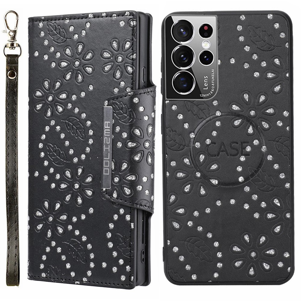 PU Leather Detachable Protective Cover Leaf Imprint Glitter Flower Design Mobile Phone Wallet Case for Samsung Galaxy S21 Ultra 5G - Black-1