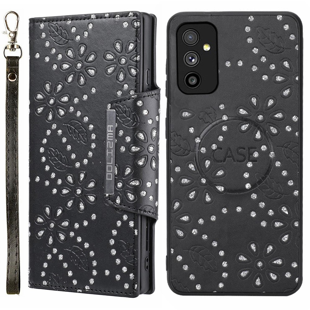 Fashionable Leaf Imprint Glitter Flower Design Detachable Leather Wallet Case Drop-proof Shell for Samsung Galaxy A13 5G - Black-1
