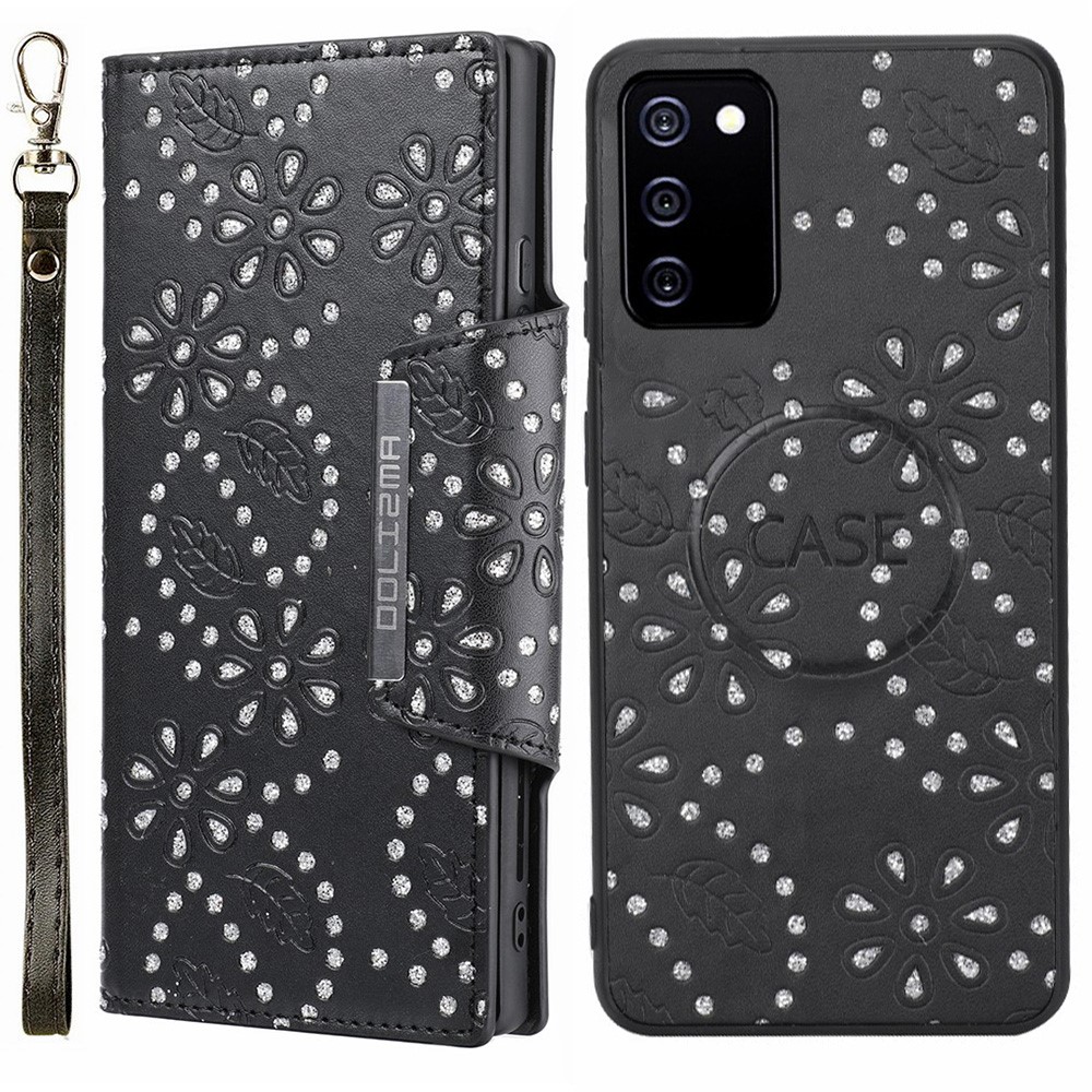 Leaf Imprinted Glitter Flower Design PU Leather Magnetic Closure Detachable Cell Phone Case Wallet Shell for Samsung Galaxy A03s (164.2 x 75.9 x 9.1mm) - Black-1