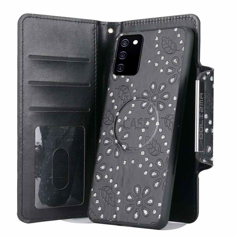 Leaf Imprinted Glitter Flower Design PU Leather Magnetic Closure Detachable Cell Phone Case Wallet Shell for Samsung Galaxy A03s (164.2 x 75.9 x 9.1mm) - Black-2