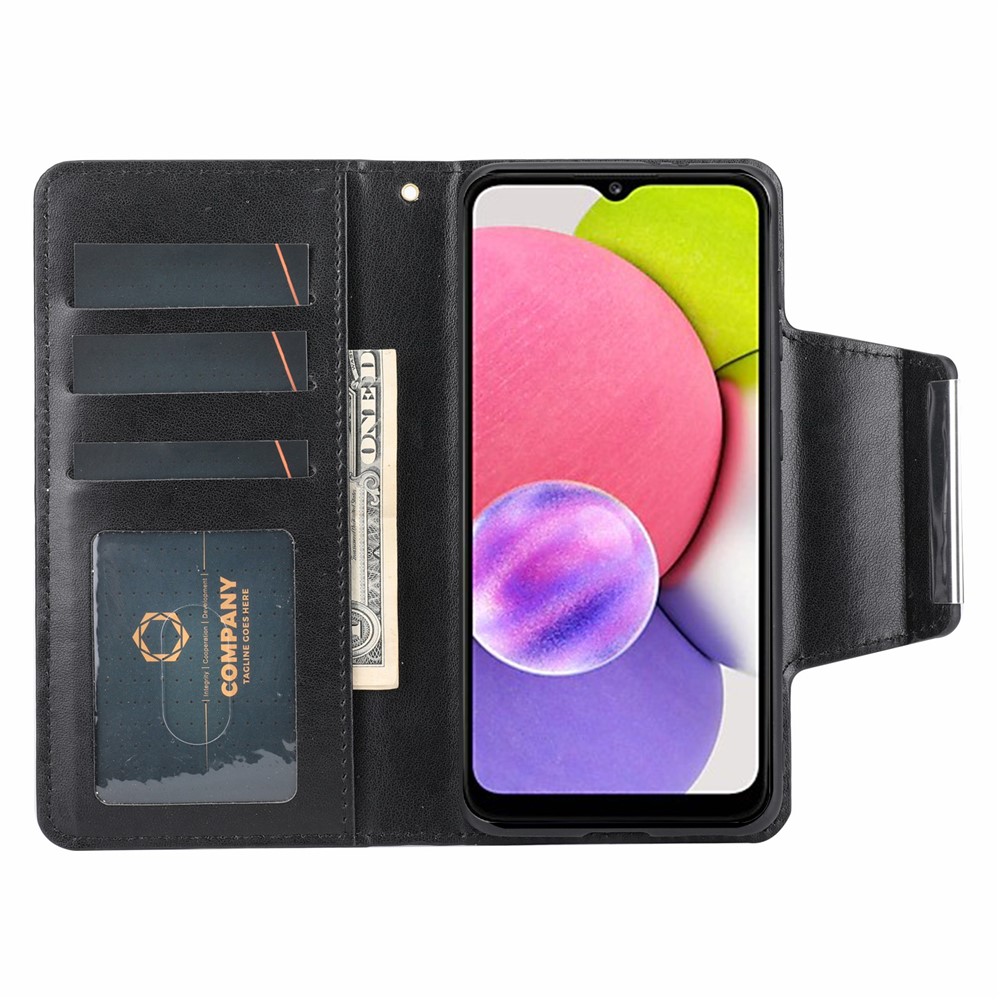 Leaf Imprinted Glitter Flower Design PU Leather Magnetic Closure Detachable Cell Phone Case Wallet Shell for Samsung Galaxy A03s (164.2 x 75.9 x 9.1mm) - Black-3