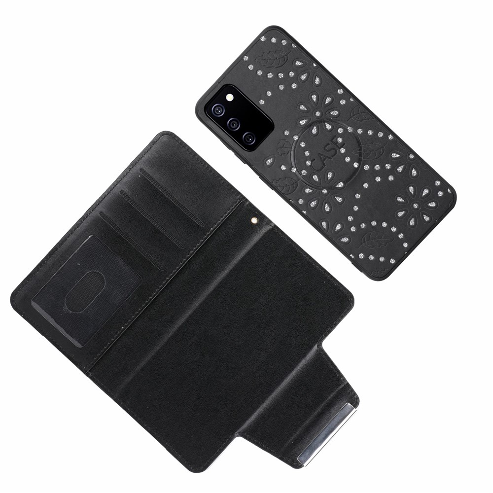 Leaf Imprinted Glitter Flower Design PU Leather Magnetic Closure Detachable Cell Phone Case Wallet Shell for Samsung Galaxy A03s (164.2 x 75.9 x 9.1mm) - Black-4
