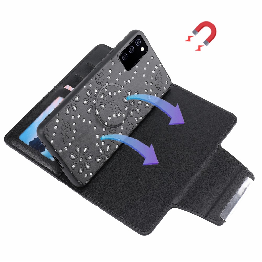 Leaf Imprinted Glitter Flower Design PU Leather Magnetic Closure Detachable Cell Phone Case Wallet Shell for Samsung Galaxy A03s (164.2 x 75.9 x 9.1mm) - Black-5