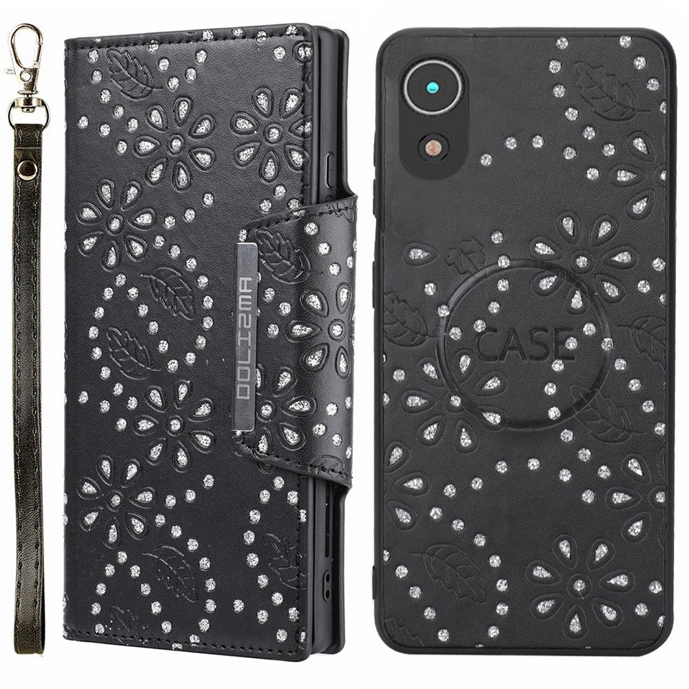 For Samsung Galaxy A03 Core PU Leather Shell+Detachable TPU Case Phone Wallet Cover with Leaf Imprint Glitter Flower Design - Black-1