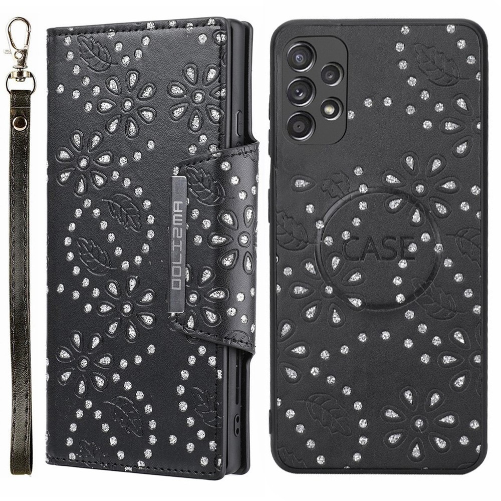 For Samsung Galaxy A33 5G Stylish Leaf Imprint Glitter Flower Design Detachable PU Leather Wallet Phone Case Shell - Black-1