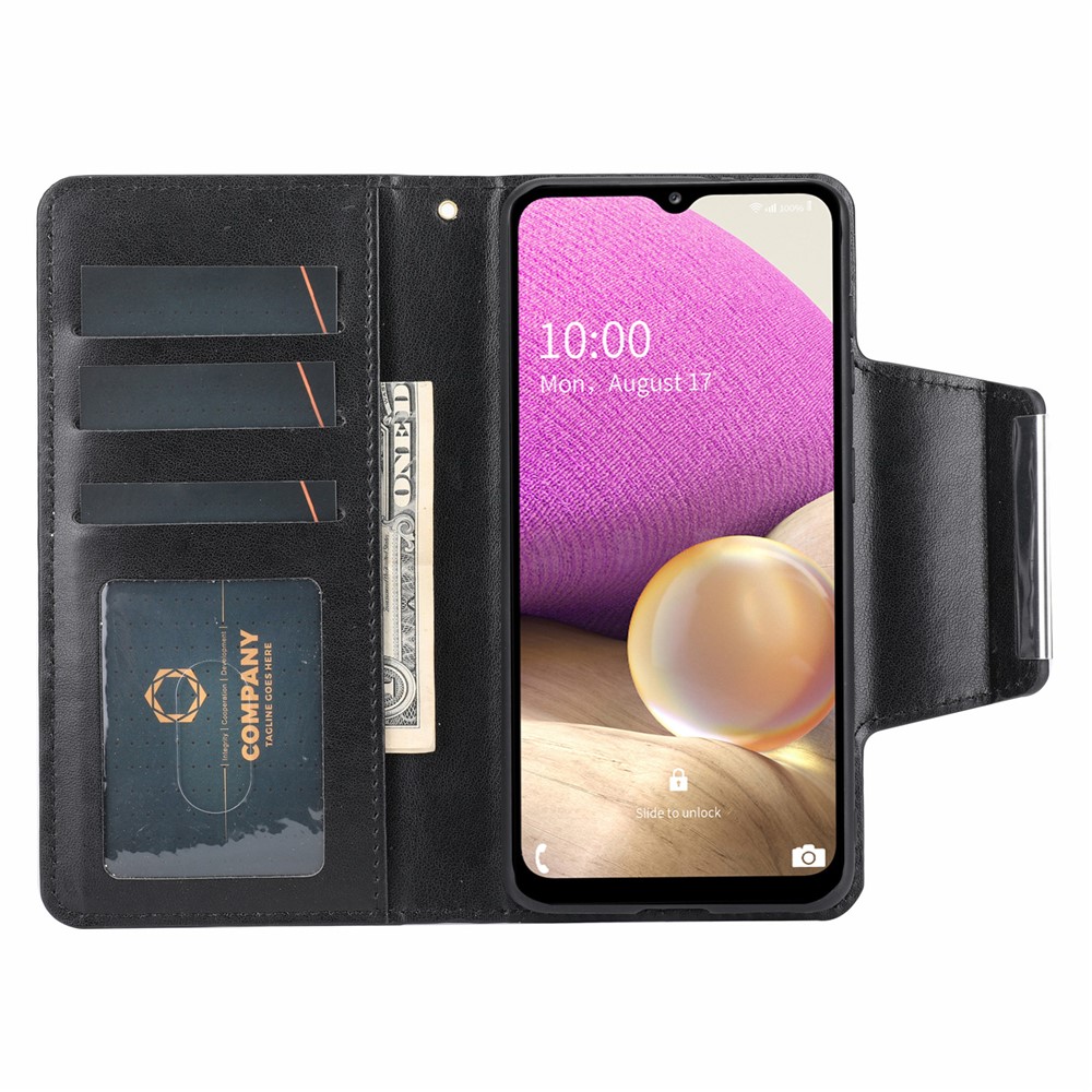 For Samsung Galaxy A33 5G Stylish Leaf Imprint Glitter Flower Design Detachable PU Leather Wallet Phone Case Shell - Black-3
