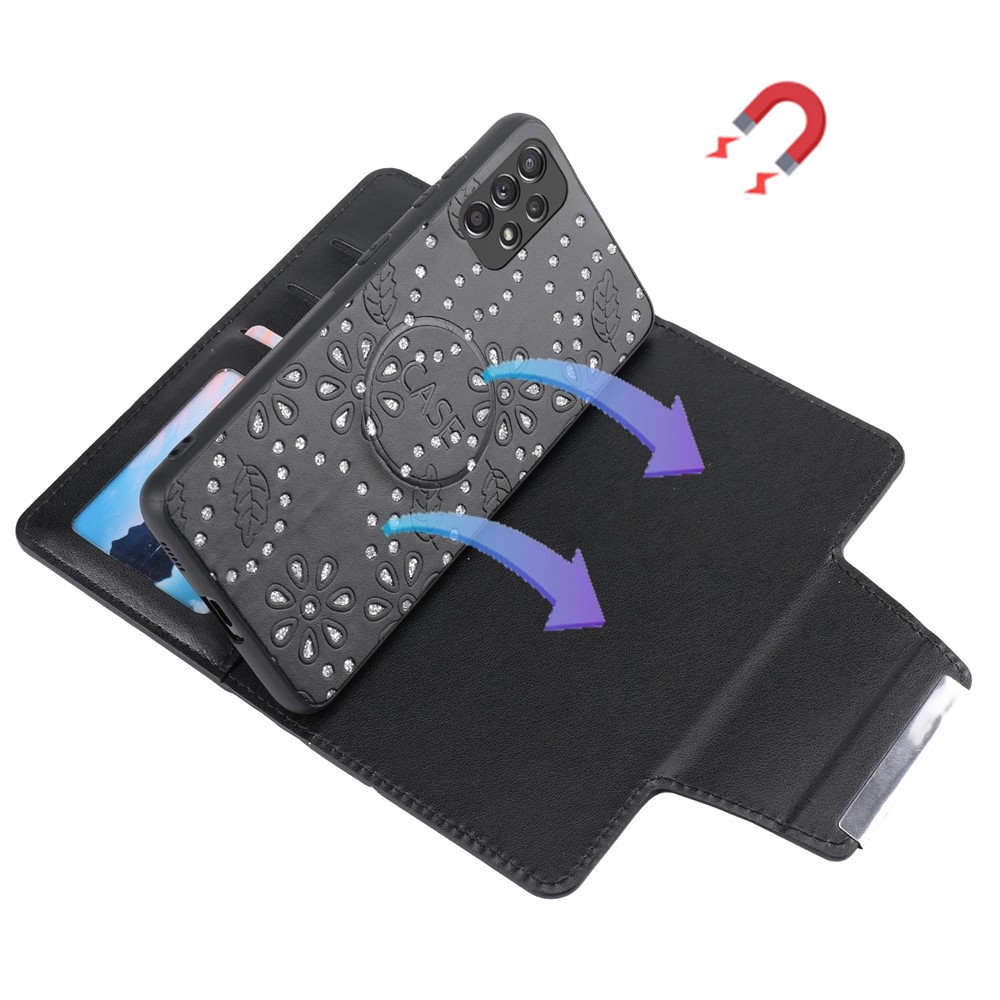 For Samsung Galaxy A33 5G Stylish Leaf Imprint Glitter Flower Design Detachable PU Leather Wallet Phone Case Shell - Black-5