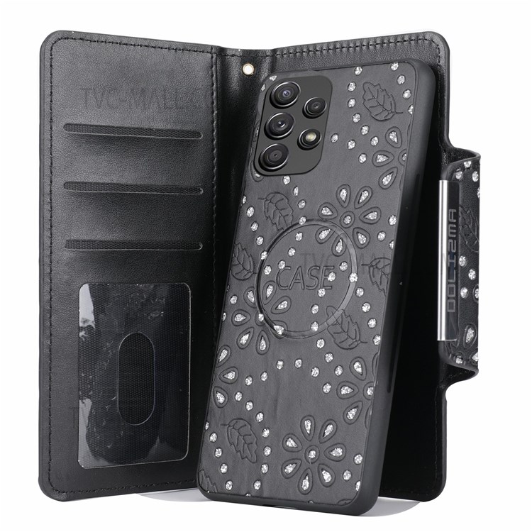Leaf Imprint Glitter Flower Design Stylish Detachable Leather Wallet Case Magnetic Clasp Phone Shell for Samsung Galaxy A52 4G/A52 5G/A52s 5G - Black-2