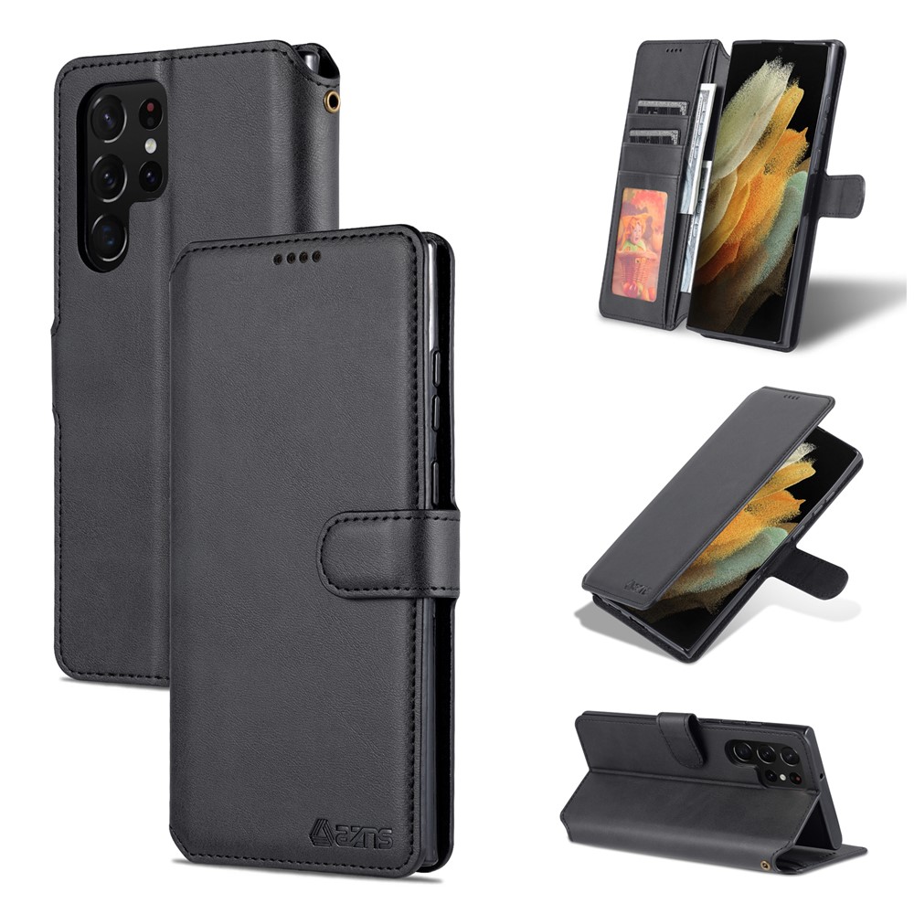 AZNS Anti-scratch PU Leather Case Magnetic Clasp Wallet Phone Cover with Foldable Stand for Samsung Galaxy S22 Ultra 5G - Black-10