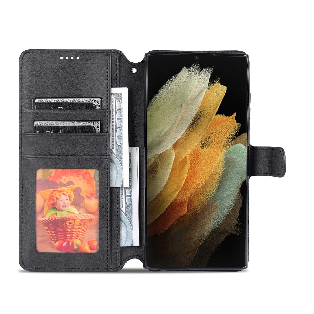 AZNS Anti-scratch PU Leather Case Magnetic Clasp Wallet Phone Cover with Foldable Stand for Samsung Galaxy S22 Ultra 5G - Black-5