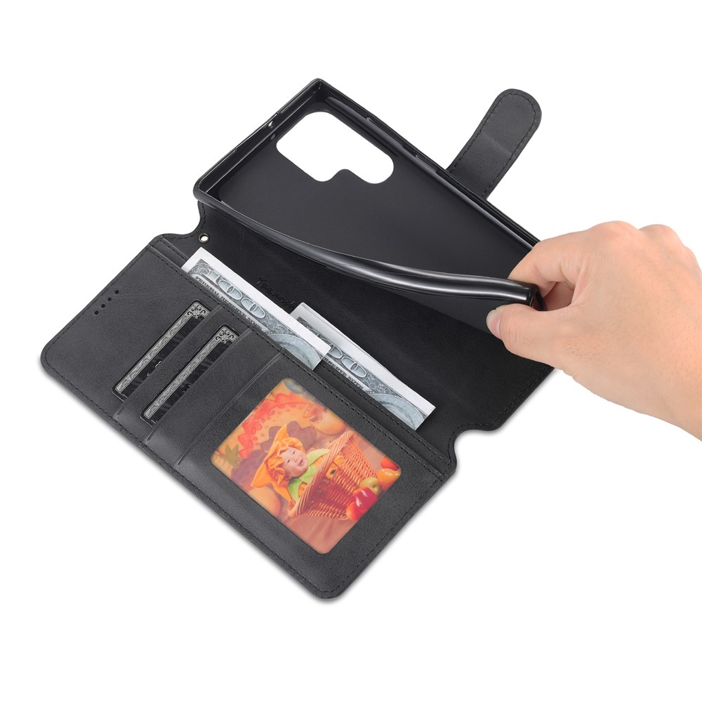 AZNS Anti-scratch PU Leather Case Magnetic Clasp Wallet Phone Cover with Foldable Stand for Samsung Galaxy S22 Ultra 5G - Black-9