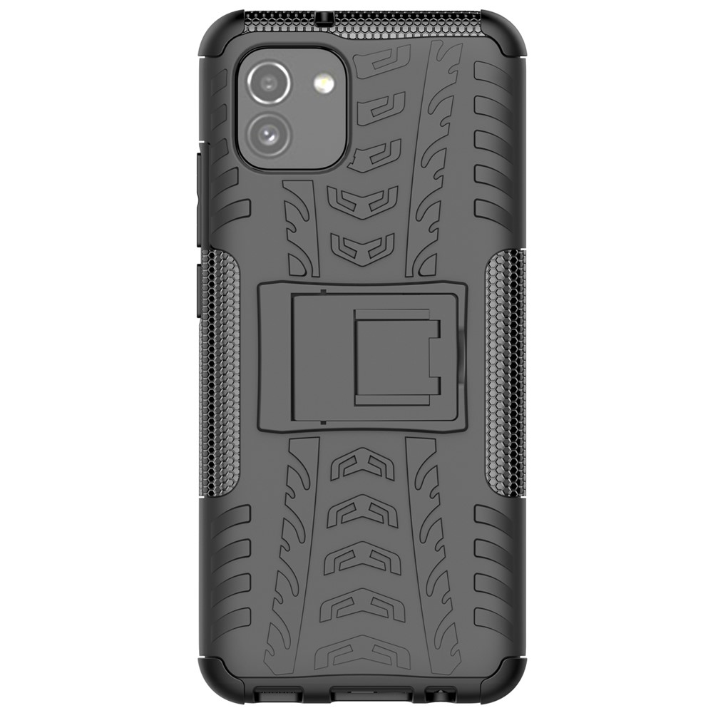 For Samsung Galaxy A03 (166.5 x 75.98 x 9.14mm) (EU Version) Kickstand Soft TPU + Hard PC Shockproof Fashion Tire Texture Protective Case - Black-3