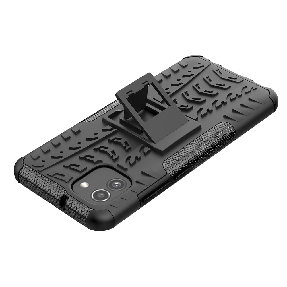 For Samsung Galaxy A03 (166.5 x 75.98 x 9.14mm) (EU Version) Kickstand Soft TPU + Hard PC Shockproof Fashion Tire Texture Protective Case - Black-5