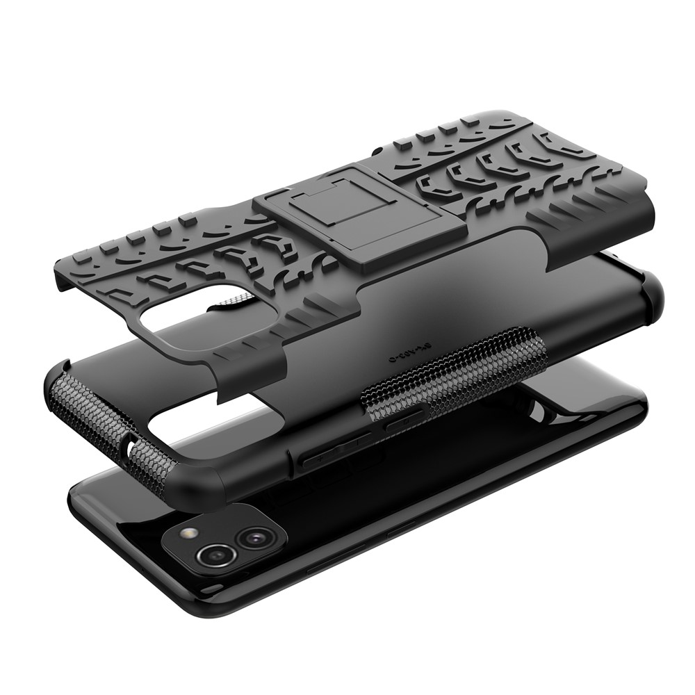 For Samsung Galaxy A03 (166.5 x 75.98 x 9.14mm) (EU Version) Kickstand Soft TPU + Hard PC Shockproof Fashion Tire Texture Protective Case - Black-6