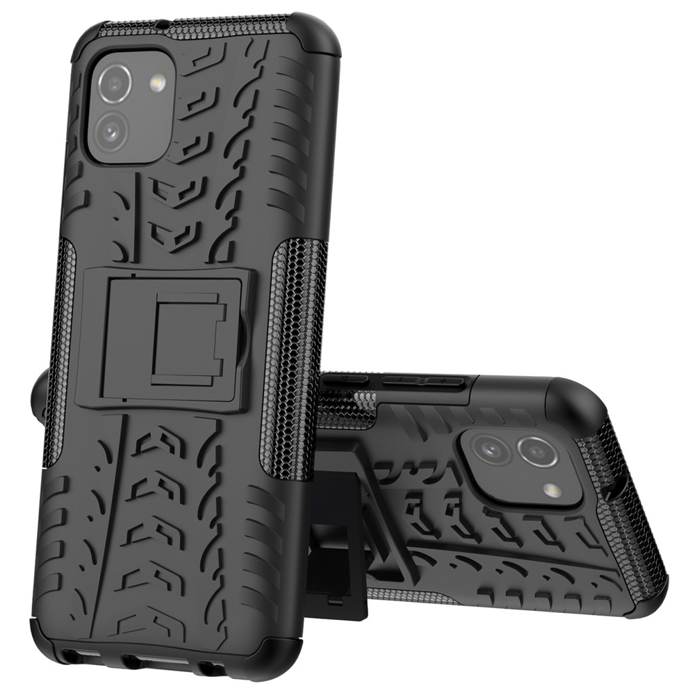 For Samsung Galaxy A03 (166.5 x 75.98 x 9.14mm) (EU Version) Kickstand Soft TPU + Hard PC Shockproof Fashion Tire Texture Protective Case - Black-7