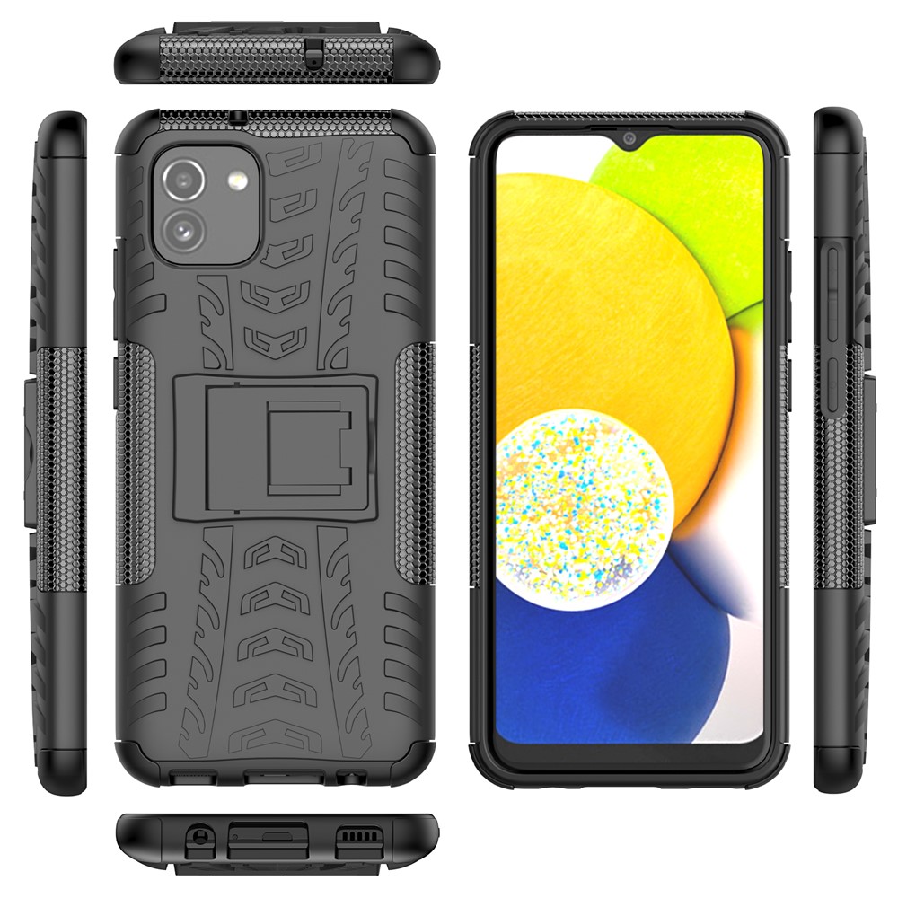 For Samsung Galaxy A03 (166.5 x 75.98 x 9.14mm) (EU Version) Kickstand Soft TPU + Hard PC Shockproof Fashion Tire Texture Protective Case - Black-8