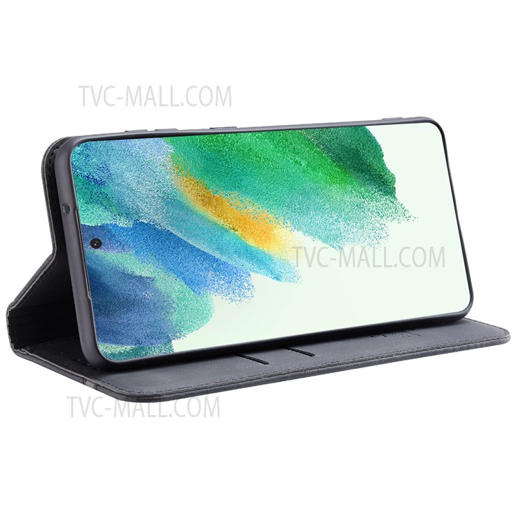 CASEDANCE Waltz 001 Series For Samsung Galaxy S21 FE 5G PU Leather Magnetic Auto Closing Phone Case Cover with Stand Wallet - Black-4