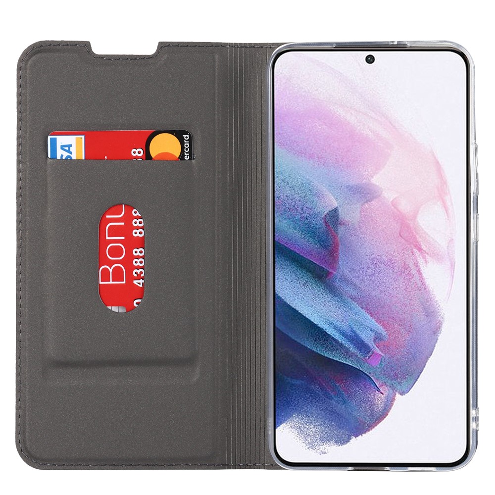 For Samsung Galaxy S22 5G Card Holder Design Full Protection PU Leather Protective Case with Stand Phone Shell - Grey-4