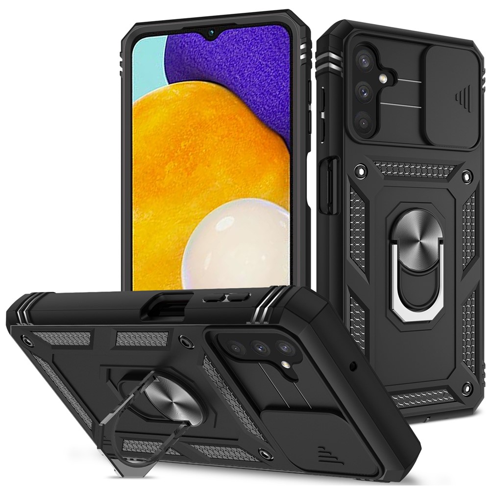 For Samsung Galaxy A13 5G Metal Ring Kickstand Military Grade Anti-drop PC + TPU Phone Case with Camera Lens Cover - Black/Black-1