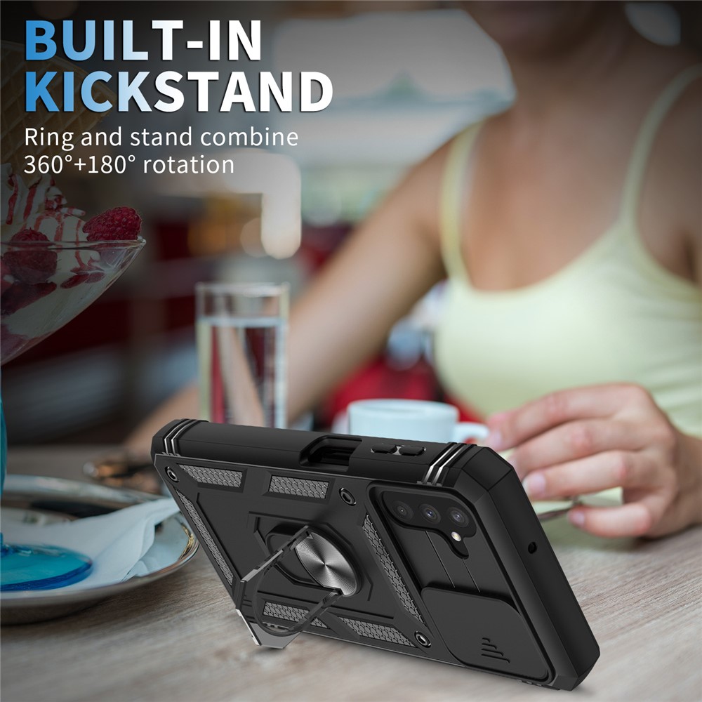 For Samsung Galaxy A13 5G Metal Ring Kickstand Military Grade Anti-drop PC + TPU Phone Case with Camera Lens Cover - Black/Black-2