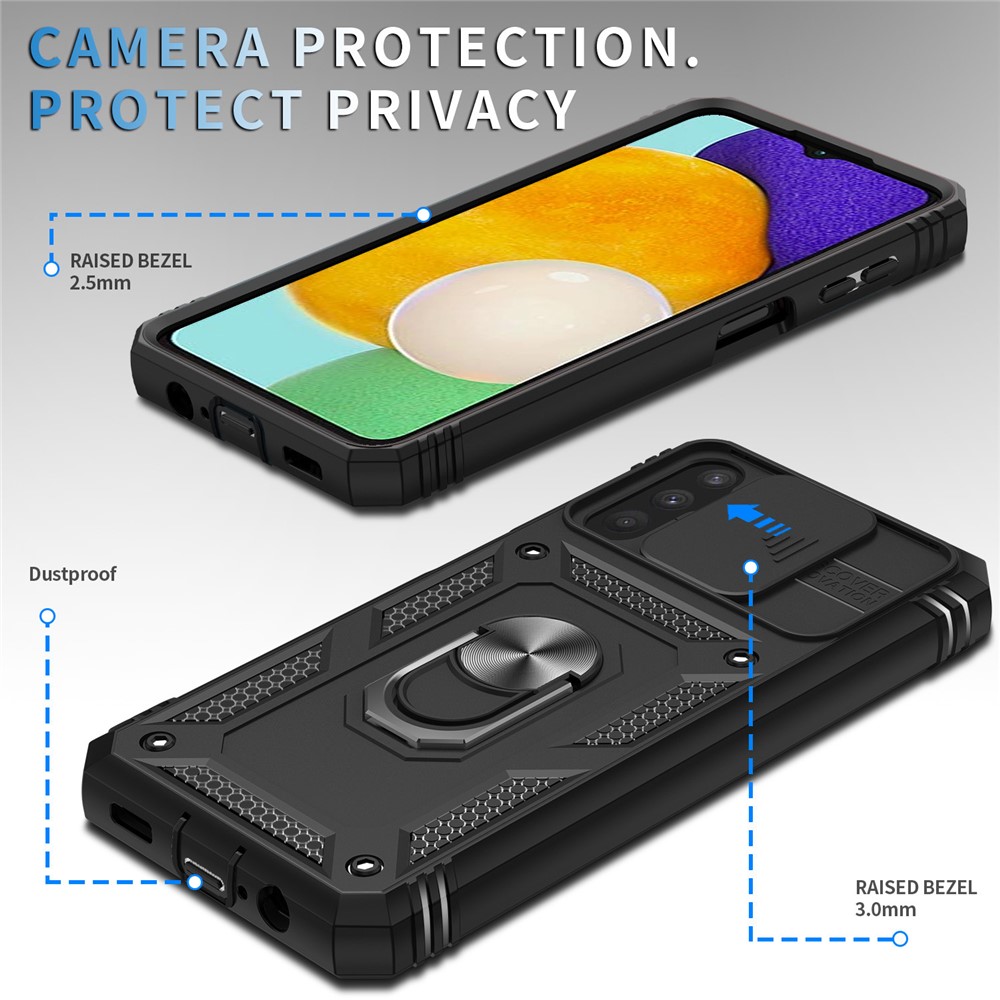 For Samsung Galaxy A13 5G Metal Ring Kickstand Military Grade Anti-drop PC + TPU Phone Case with Camera Lens Cover - Black/Black-4