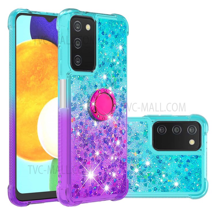 For Samsung Galaxy A03s (166.5 x 75.98 x 9.14mm) LE3-2 Series Well-protected Flowing Liquid Quicksand Gradient TPU Stylish Cover with Ring Kickstand - Sky Blue/Purple-2