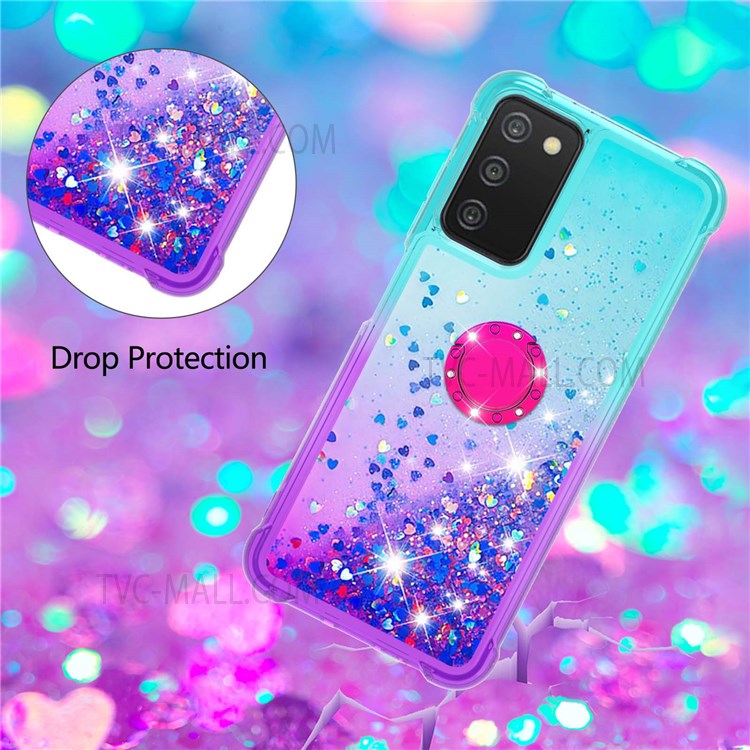 For Samsung Galaxy A03s (166.5 x 75.98 x 9.14mm) LE3-2 Series Well-protected Flowing Liquid Quicksand Gradient TPU Stylish Cover with Ring Kickstand - Sky Blue/Purple-5