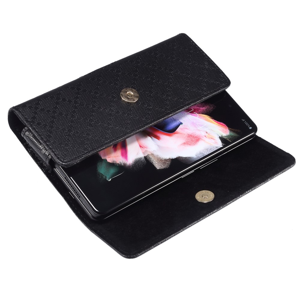 Waist Loop Microfiber Leather Phone Case for Samsung Galaxy Z Fold3 5G/Huawei Mate X/Mate Xs, Grid Pattern Magnetic Flip Cover Phone Cover Pouch-5