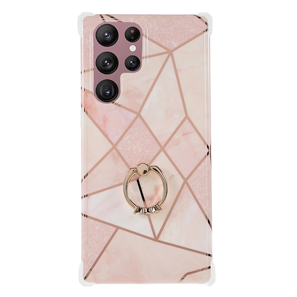 For Samsung Galaxy S22 Ultra 5G Marble Pattern Splicing Hard PC + Soft TPU IMD Phone Case Reinforced Corner Bumpers Electroplating Cover with Ring Kickstand - Style A-1